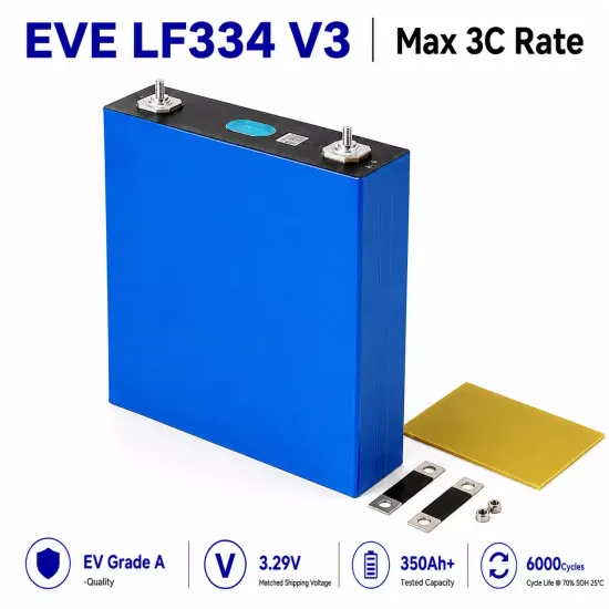 Ship from China｜EVE 334Ah 3.2V EV Grade A 3C LiFePO4 Battery Prismatic Cell with welded M6 Studs for EV RV Solar Systems