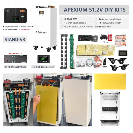 EU Stock Pre-sale Docan Apexium Vertical L3 DIY Box Kits With JK 200A Bluetooth BMS–Solar Lifepo4 Battery Enclosure(M8 Terminals + DC Breaker)