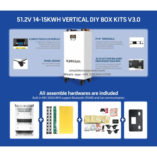 EU Stock Pre-sale Docan Apexium Vertical L3 DIY Box Kits With JK 200A Bluetooth BMS–Solar Lifepo4 Battery Enclosure(M8 Terminals + DC Breaker)
