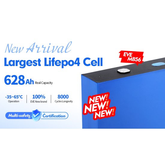 CN Stock EVE MB56 560Ah Tested 628Ah 3.2V Grade A LiFePO4 Battery Cell 8000 Cycles With Welded M6 Studs Fresh New For Solar Energy Storage CN Stock EVE MB56 560Ah Tested 628Ah 3.2V Grade A LiFePO4 Battery Cell 8000 Cycles With Welded M6 Studs Fresh New For Solar Energy Storage