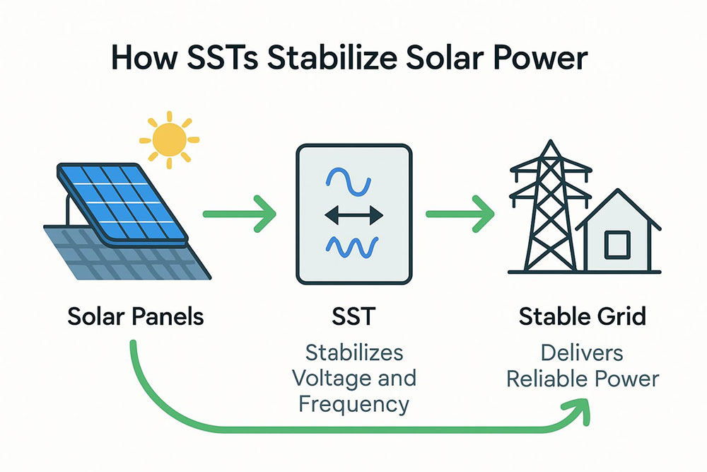 Flowchart showing solar power flow: panels to solid-state transformer to stable grid
