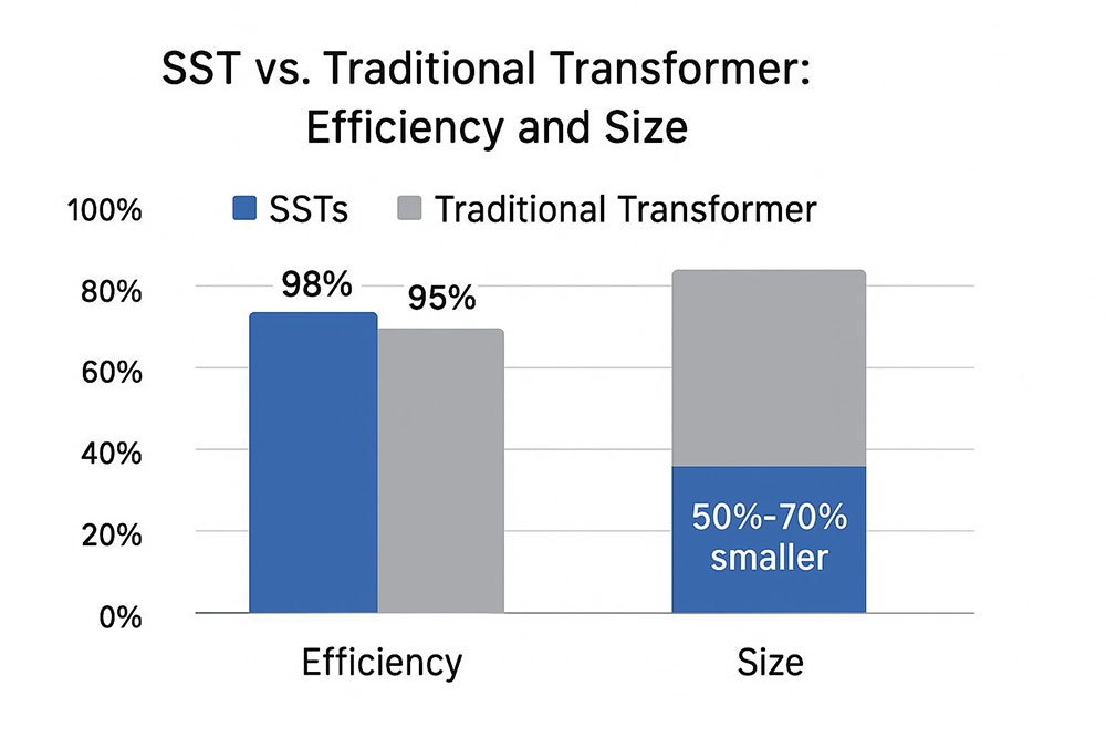 Bar chart comparing solid-state transformer (98% efficiency, 50%–70% smaller) vs. traditional transformer (95% efficiency, larger size)